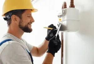 Un tecnico specializzato mentre controlla il contatore segandosi i dati su di una cartellina