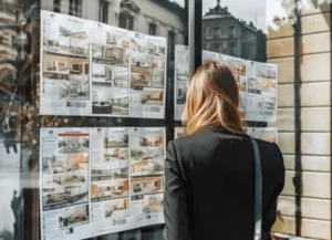 Una ragazza, fotografata di spalle, mentre guarda gli annunci di case in vendita e in affitto esposti in vetrina di un'agenzia immobiliare 