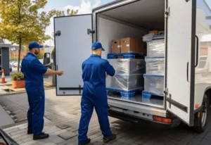 Due addetti al trasloco che chiudono la parte interiore del loro camion per partire Due addetti al trasloco che chiudono la parte interiore del loro camion per partire