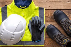 Giubbotto catarifrangente, casco, guanti e scarpe per proteggersi sul lavoro Giubbotto catarifrangente, casco, guanti e scarpe per proteggersi sul lavoro