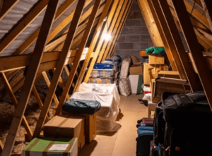 La soffitta di una casa colma di scatole e oggetti illuminata da una lampadina
