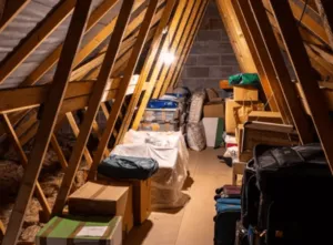 La soffitta di una casa colma di scatole e oggetti illuminata da una lampadina