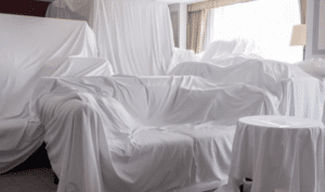 Diversi mobili coperti da un telo bianco all'interno di una stanza