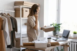 Foto di una ragazza, all'interno del suo ufficio, mentre controlla telefonicamente l'ordine di un pacco Foto di una ragazza, all'interno del suo ufficio, mentre controlla telefonicamente l'ordine di un pacco