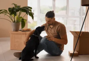 Un padrone che, stando seduto a terra, coccola il suo cane nero Un padrone che, stando seduto a terra, coccola il suo cane nero