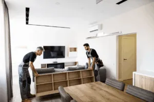 Due traslocatori che spostano un mobile in un appartamento Due traslocatori che spostano un mobile in un appartamento