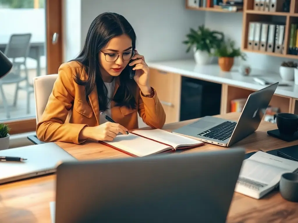 Consulenza gratuita per organizzare il trasloco Persona al telefono che consulta un'agenda e un computer portatile per organizzare il trasloco