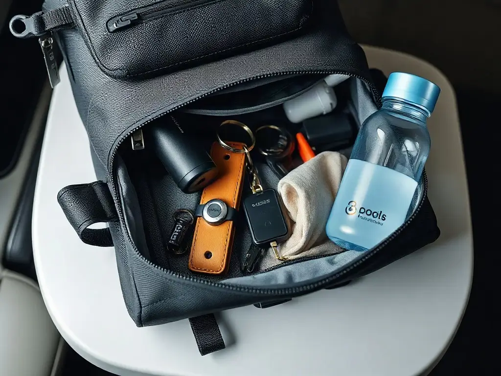Kit degli oggetti essenziali per il trasloco Borsa con gli oggetti essenziali per il trasloco, tra cui caricabatterie e una bottiglia d'acqua