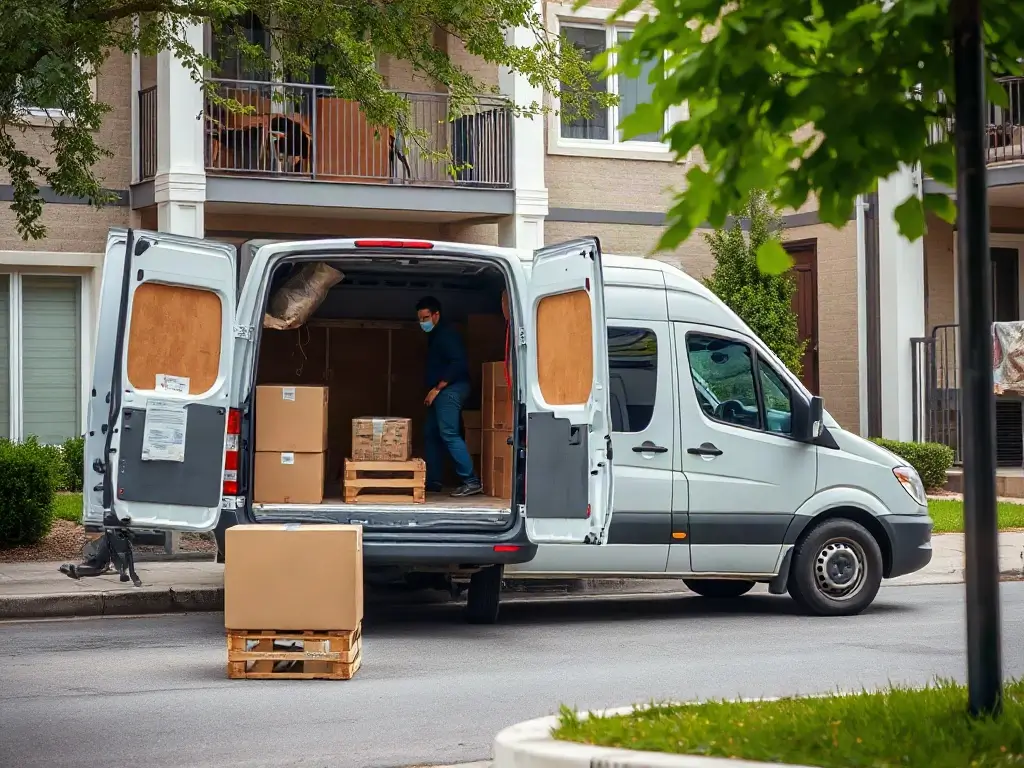 Il giorno del trasloco: carico del furgone Furgone per traslochi parcheggiato davanti a un condominio durante il carico degli scatoloni