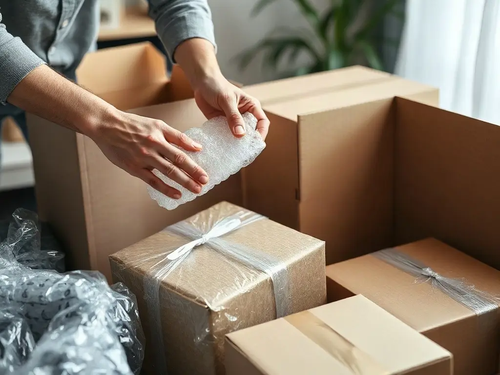 Imballaggio scatole per il trasloco Mani che avvolgono un oggetto fragile con pluriball prima di riporlo in una scatola da trasloco