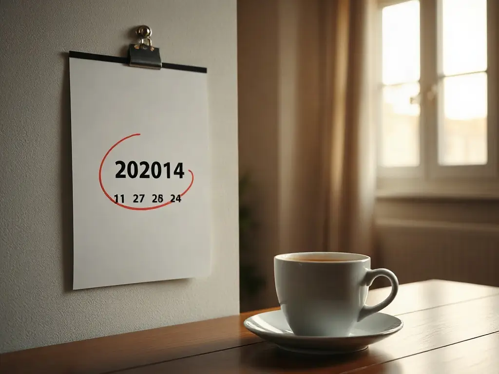 Organizzare il trasloco con calendario e pianificazione Calendario da parete con la data del trasloco cerchiata, accanto a una tazza di caffè