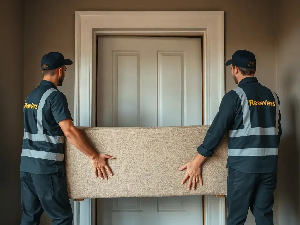 Traslocatori professionisti al lavoro Due traslocatori in divisa trasportano insieme un divano attraverso una porta