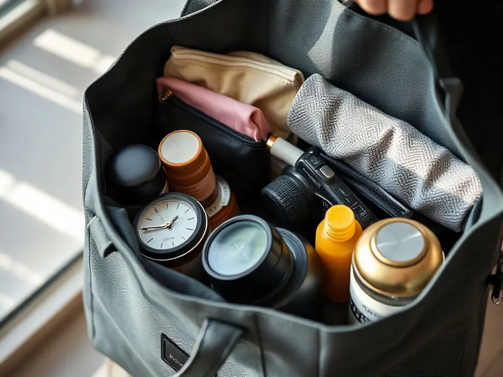 Borsa pronta con gli oggetti essenziali del trasloco Primo piano di una borsa da viaggio preparata con gli oggetti essenziali per il giorno del trasloco