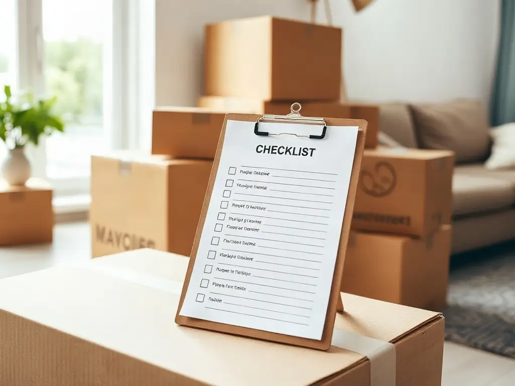 Checklist trasloco pronta prima del trasferimento Blocco note con la checklist del trasloco appoggiato su scatole di cartone pronte per il trasferimento